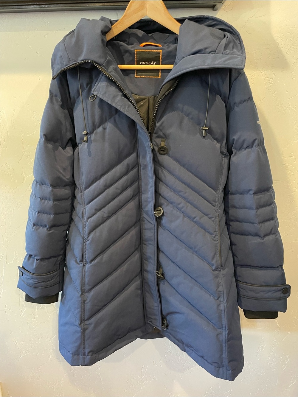 New OROLAY Navy down filled Puffer Coat with Hood XL